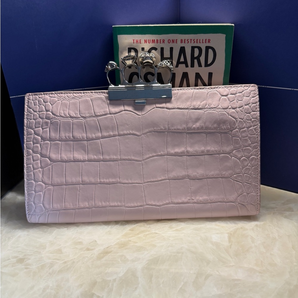 Alexander McQueen Pale Pink Croc-Embossed Knuckle Clutch